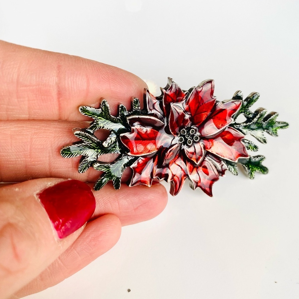 DANFORTH Poinsettia Pewter & Enamel Brooch Red & Green Christmas Signed USA - Picture 6 of 8